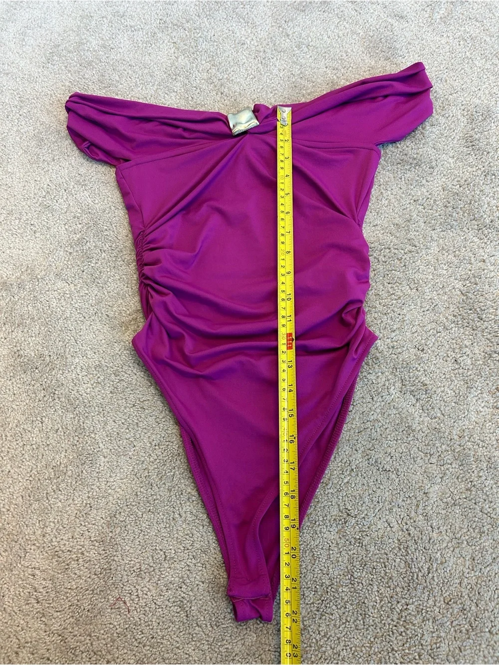 ZARA Magenta Off-the-Shoulder Ruched Bodysuit Gold Hardware Stretch Top Sz M